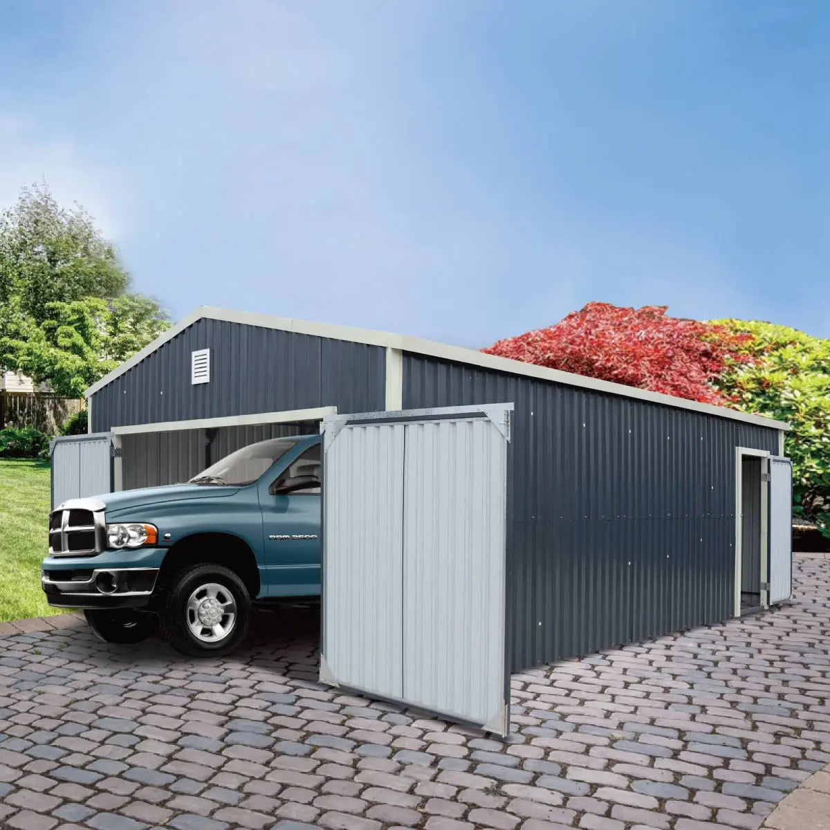 16’ x 24’ Metal Garage Shed with Double Front Doors, 10’ Peak Height, Side Entry Door, 384 Sq-Ft Floor Space, TMG-MS1624-2