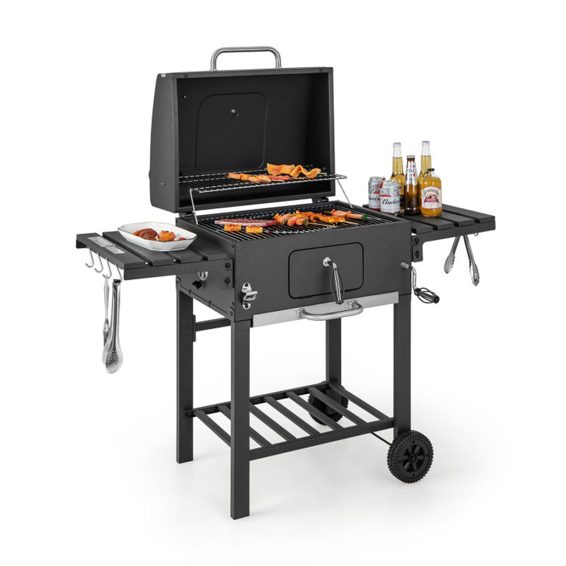 Outdoor BBQ Charcoal Grill with 2 Foldable Side Table and Wheels-2
