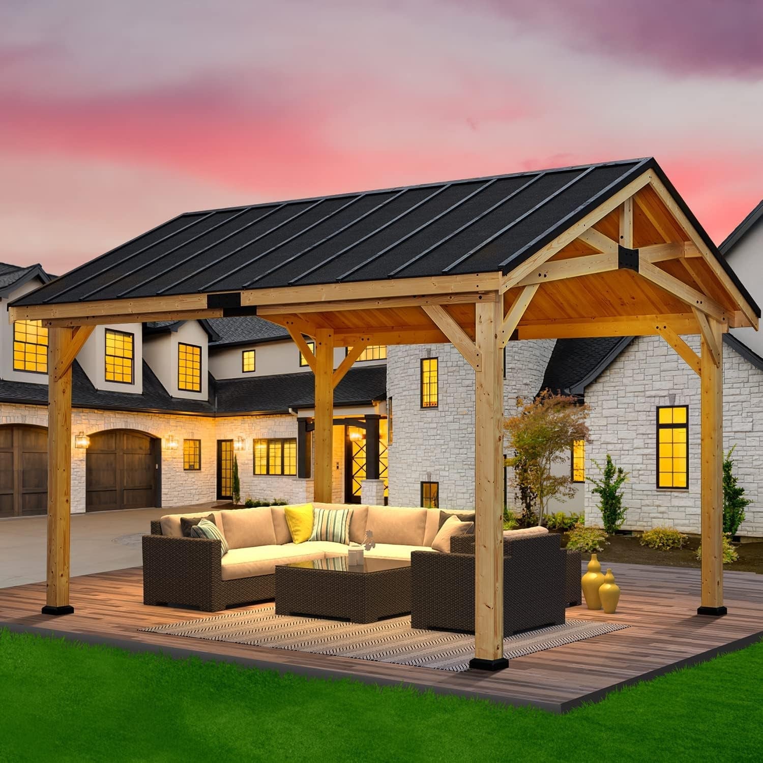 12x15 Spruce Wood Hardtop Gazebo Asphalt Roof-1