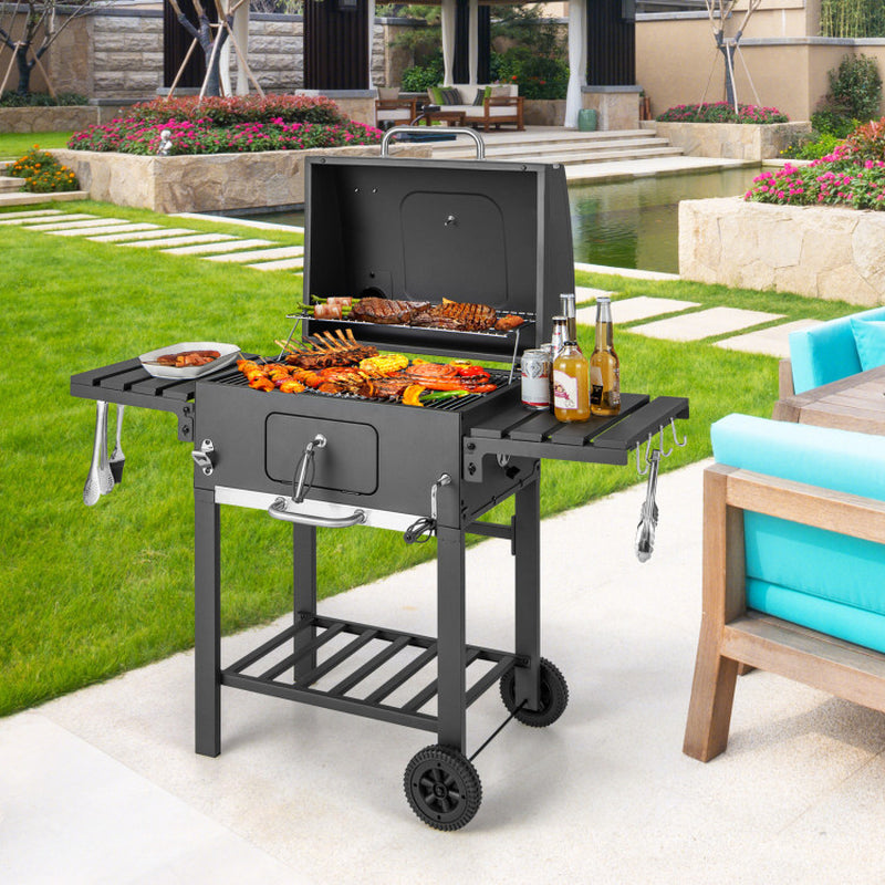 Outdoor BBQ Charcoal Grill with 2 Foldable Side Table and Wheels-0