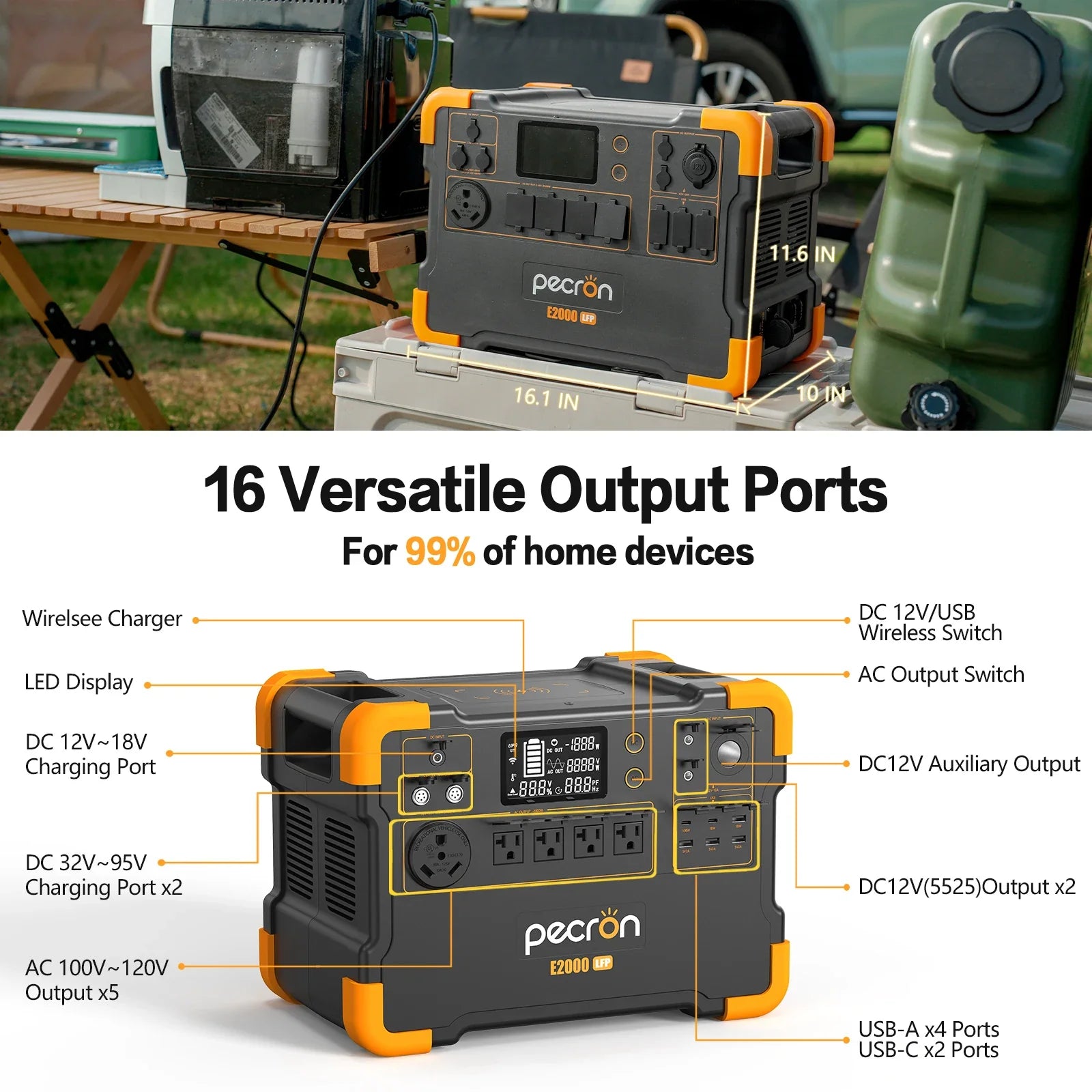 Pecron E2000LFP Portable Power Station 1920Wh Expandable to 8064Wh LiFePO4 Battery 2000W Solar Generator for Home, Camping, RV-2