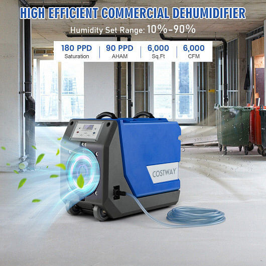 180 PPD Commercial Dehumidifier with Pump Drain Hose and Wheels-Blue-2