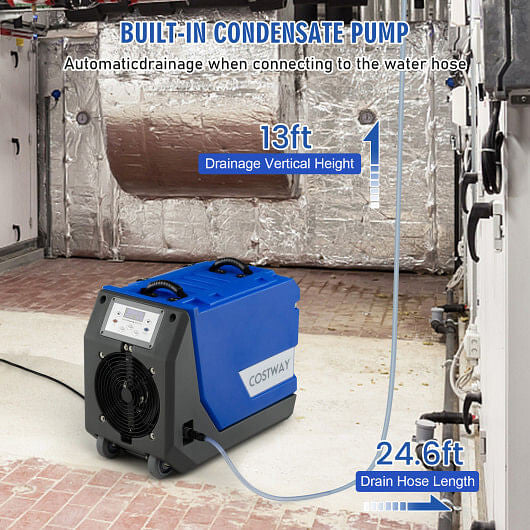 180 PPD Commercial Dehumidifier with Pump Drain Hose and Wheels-Blue-3