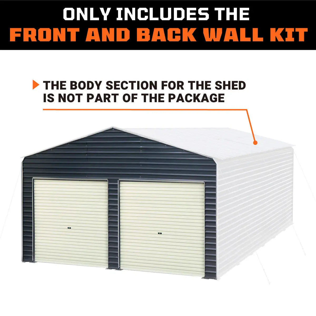 Metal Shed Carport Add-On Package Kit For TMG-MSC2020F And TMG-MSC2030F , Front Wall w/Roll Up Doors & Back Wall, TMG-MSC20-RD12-0