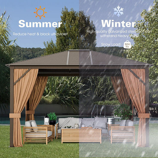 12 x10 Feet Outdoor Hardtop Gazebo with Galvanized Steel Top and Netting-Brown-1
