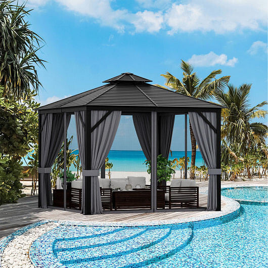 10 x 10 Feet Double-Top Hardtop Gazebo with Galvanized Steel Roof-Gray-1
