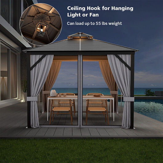 10 x 10 Feet Double-Top Hardtop Gazebo with Galvanized Steel Roof-Gray-3