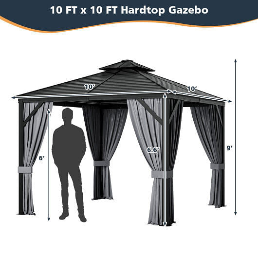 10 x 10 Feet Double-Top Hardtop Gazebo with Galvanized Steel Roof-Gray-4