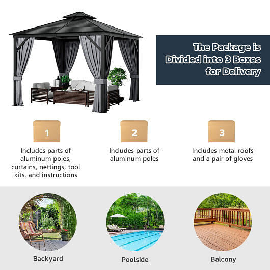 10 x 10 Feet Double-Top Hardtop Gazebo with Galvanized Steel Roof-Gray-2
