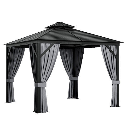 10 x 10 Feet Double-Top Hardtop Gazebo with Galvanized Steel Roof-Gray-0