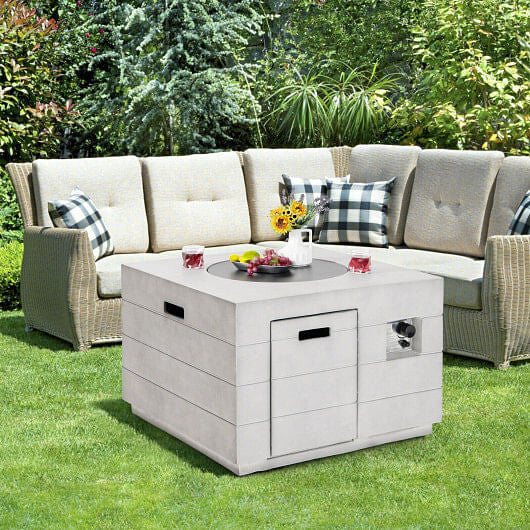 34 Inch Square Concrete Propane Fire Pit Table with Lava Rocks and Cover 50 000 BTU-Gray-1