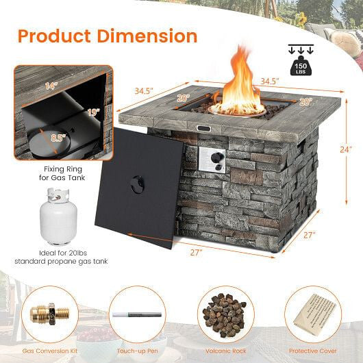 34.5 Inch Square Propane Gas Fire Pit Table with Lava Rock and PVC Cover-Gray-2