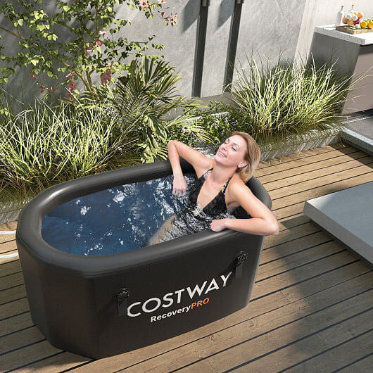 XL 129 Gal Oval Ice Bath Tub with Cover and Hand Pump for Athletes-Black-1