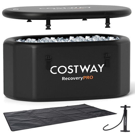 XL 129 Gal Oval Ice Bath Tub with Cover and Hand Pump for Athletes-Black-0