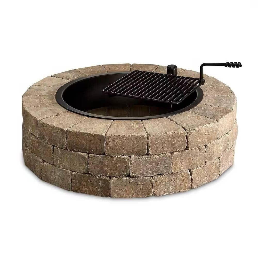 48-in Outdoor Round Concrete Block Stone Fire Pit Kit with Cooking Grill Grate-2