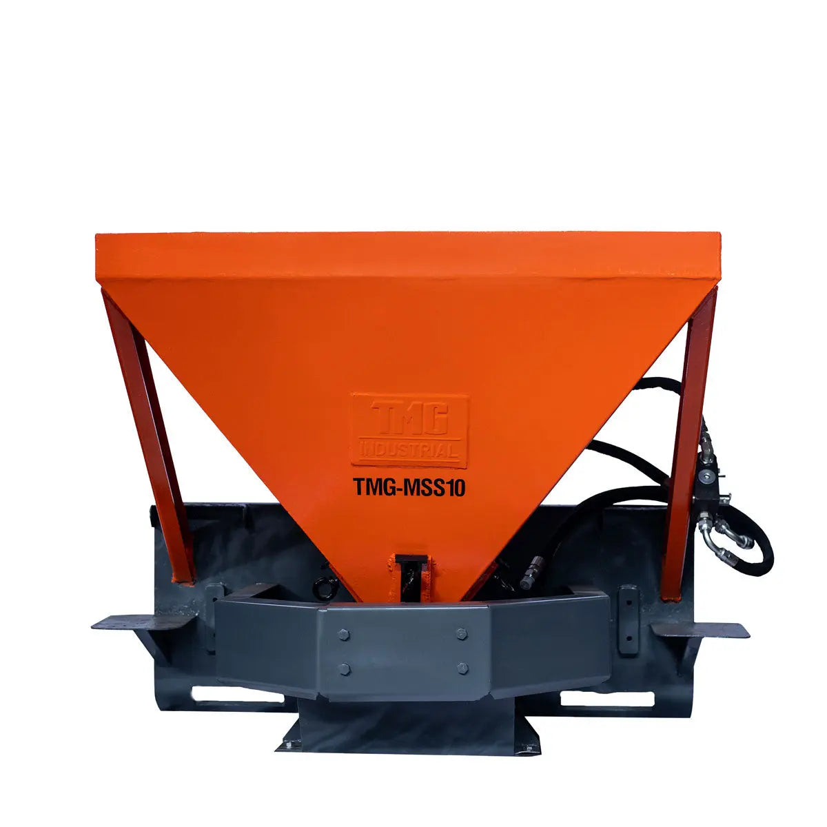Skid Steer Tilt-N-Scoop Material Spreader, 10 Cu-Ft Capacity, 30’ Wide Spread Range, 6.5-12 GPM Flow Rate, Sidewalk Skirt, Universal Mount, TMG-MSS10-1
