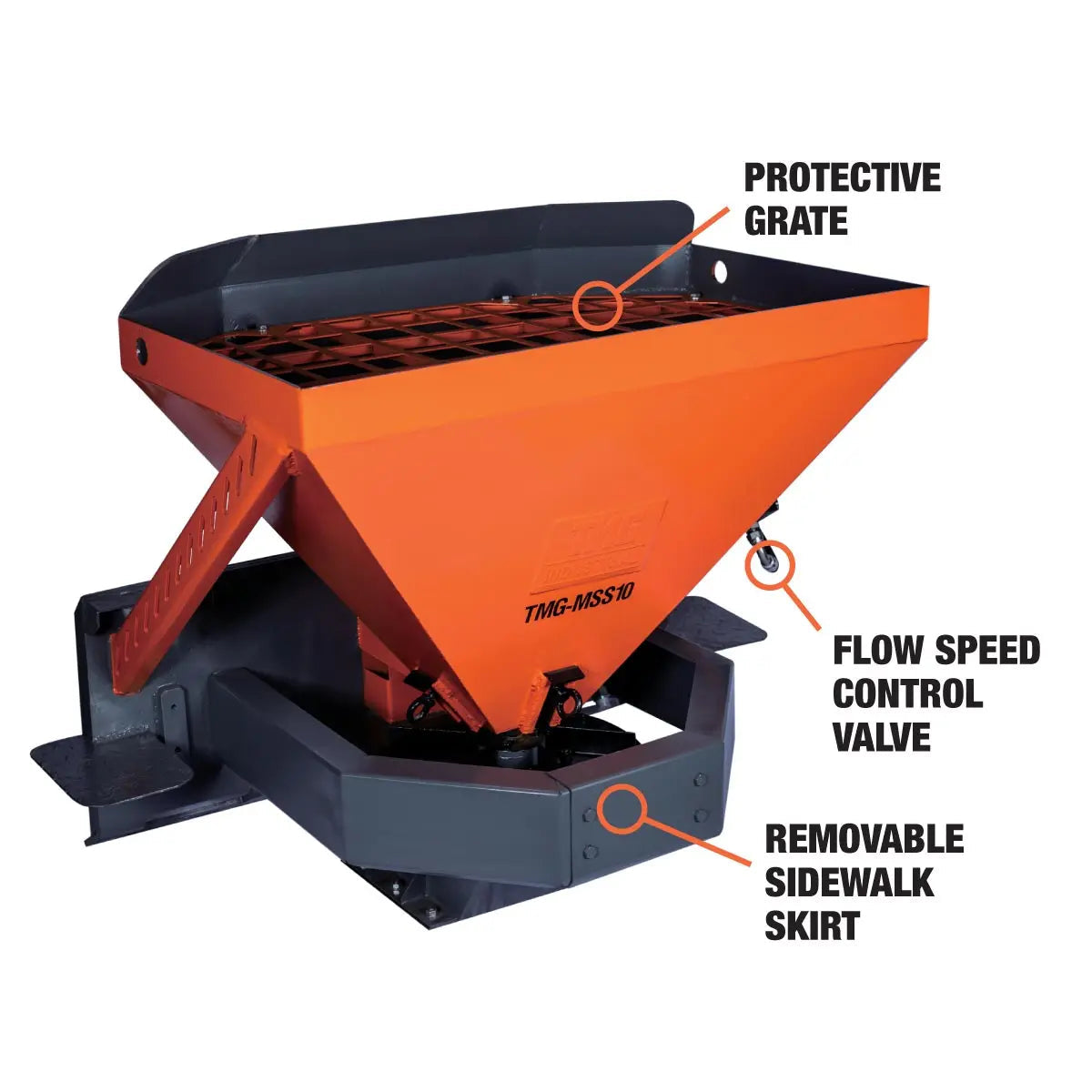 Skid Steer Tilt-N-Scoop Material Spreader, 10 Cu-Ft Capacity, 30’ Wide Spread Range, 6.5-12 GPM Flow Rate, Sidewalk Skirt, Universal Mount, TMG-MSS10-2