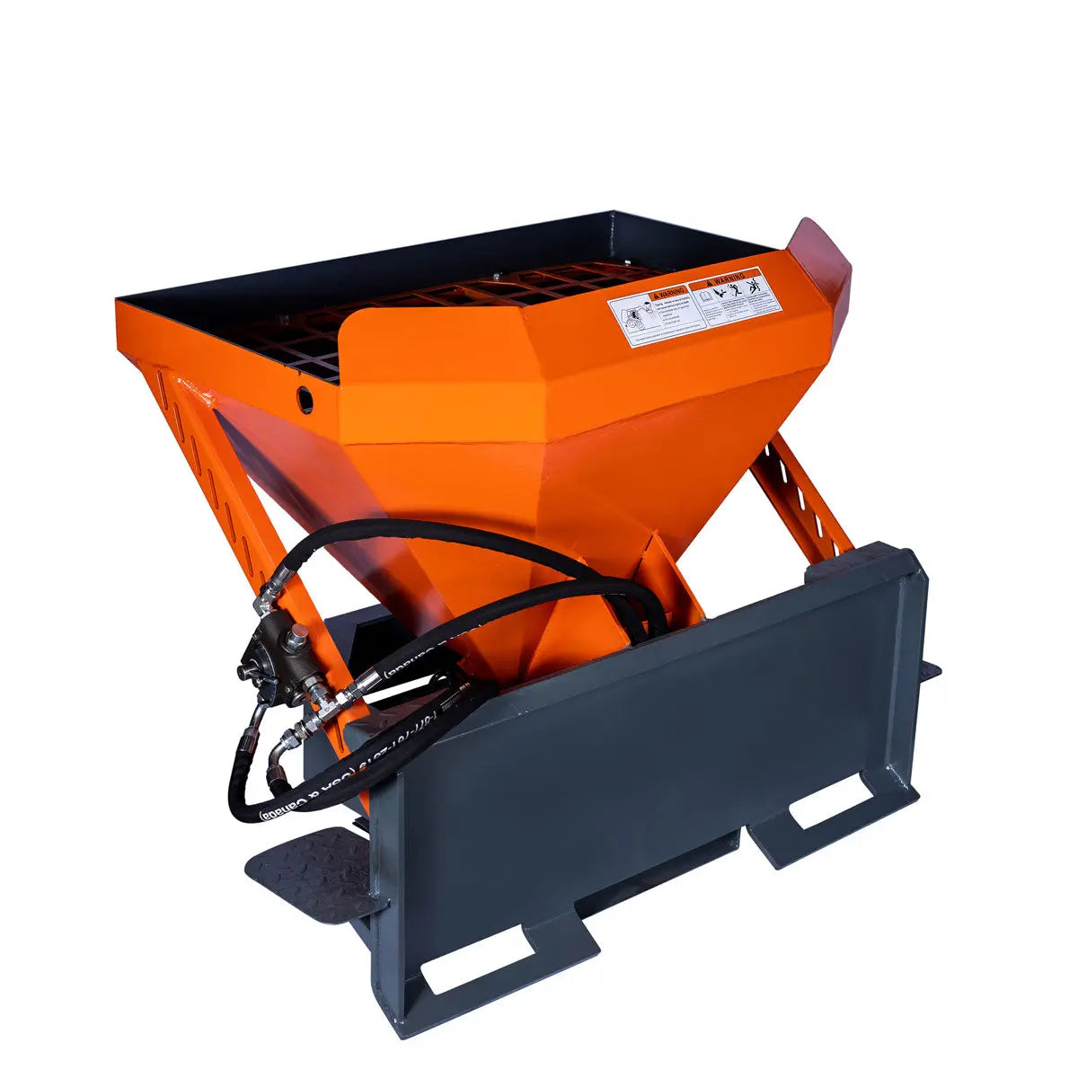 Skid Steer Tilt-N-Scoop Material Spreader, 10 Cu-Ft Capacity, 30’ Wide Spread Range, 6.5-12 GPM Flow Rate, Sidewalk Skirt, Universal Mount, TMG-MSS10-3