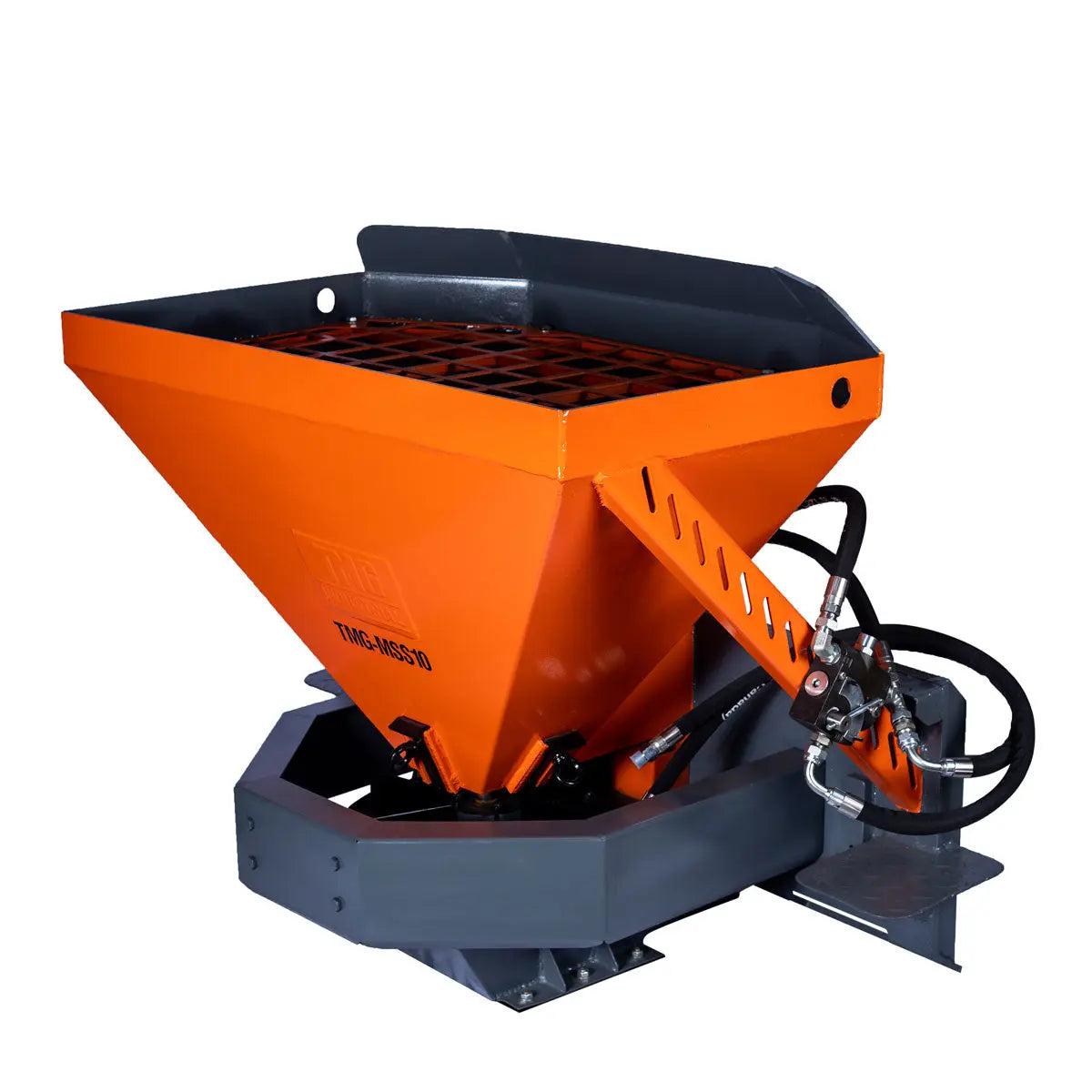 Skid Steer Tilt-N-Scoop Material Spreader, 10 Cu-Ft Capacity, 30’ Wide Spread Range, 6.5-12 GPM Flow Rate, Sidewalk Skirt, Universal Mount, TMG-MSS10-0