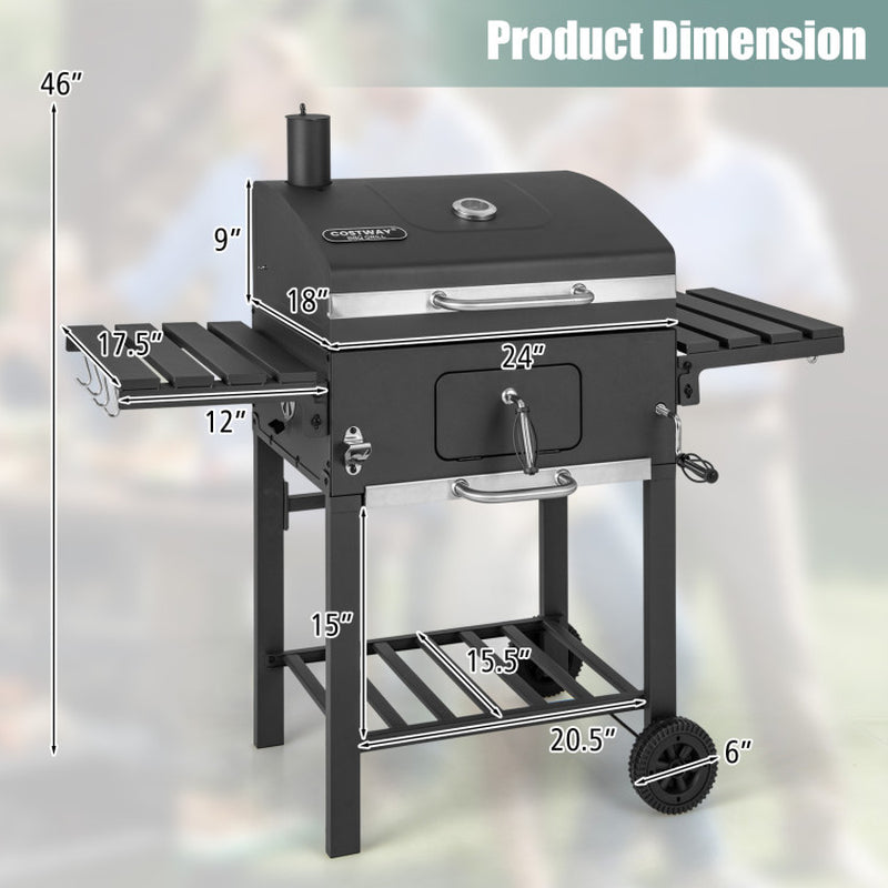 Outdoor BBQ Charcoal Grill with 2 Foldable Side Table and Wheels-4